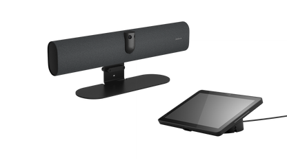 Jabra PanaCast 40 4K AI video bar with mic and speaker on stand by tablet