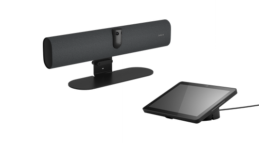 Jabra PanaCast 40 4K AI video bar with mic and speaker on stand by tablet