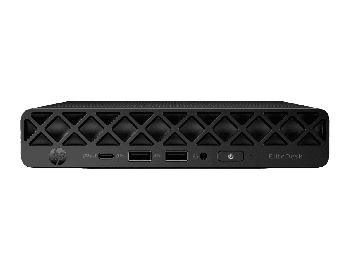 Black hp elitedesk mini desktop computer with diamond-patterned ventilation grille and multiple ports back view