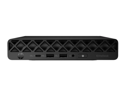 Black hp elitedesk mini desktop computer with diamond-patterned ventilation grille and multiple ports back view