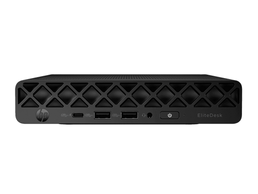 Black hp elitedesk mini desktop computer with diamond-patterned ventilation grille and multiple ports back view