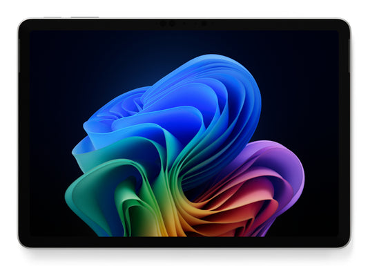 Black-framed microsoft surface pro 12in 2-in-1 tablet with vibrant rainbow abstract wallpaper and platinum finish
