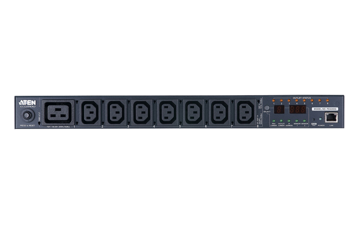 ATEN PE6208G-ATA-G | PE6208G Eco PDU 1U 16A, 7 x C13 + 1 x C19, Bank-Switched Metered