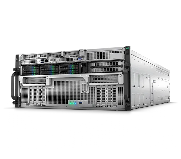 HPE ProLiant Compute XD685 AI server rack with green LED indicators