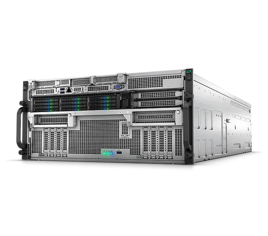 HPE ProLiant Compute XD685 AI server rack with green LED indicators
