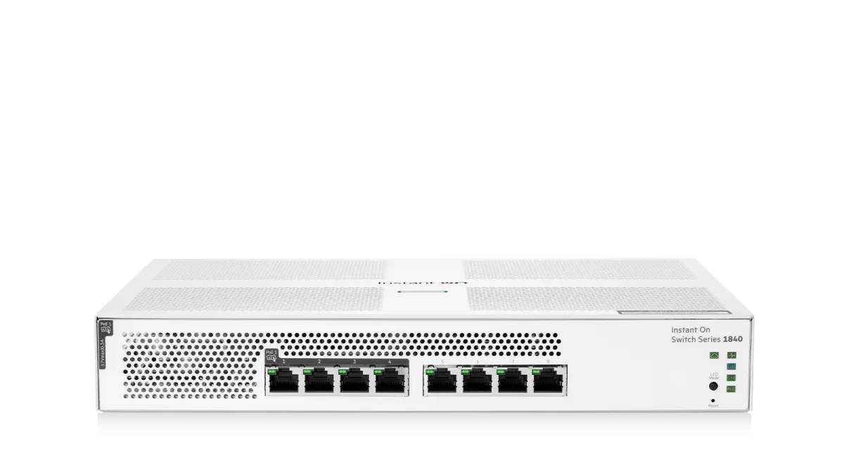 White hp instant on switch series 1860 network switch with sleek rectangular design and multiple ethernet ports
