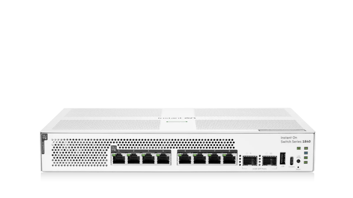 White hp instant on switch series 1840 with perforated front panel and 8 ethernet ports for gigabit poe plus connectivity
