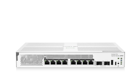 White hp instant on switch series 1840 with perforated front panel and 8 ethernet ports for gigabit poe plus connectivity