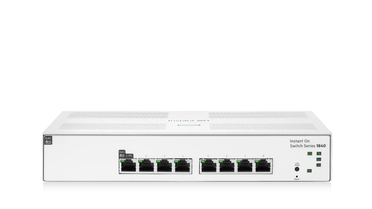 White hp instant on switch series 1840 network switch with eight ethernet ports and indicator lights for gigabit use
