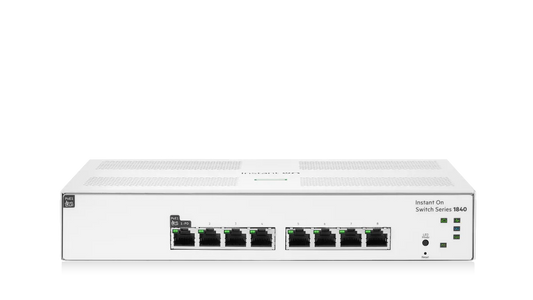 White hp instant on switch series 1840 network switch with eight ethernet ports and indicator lights for gigabit use