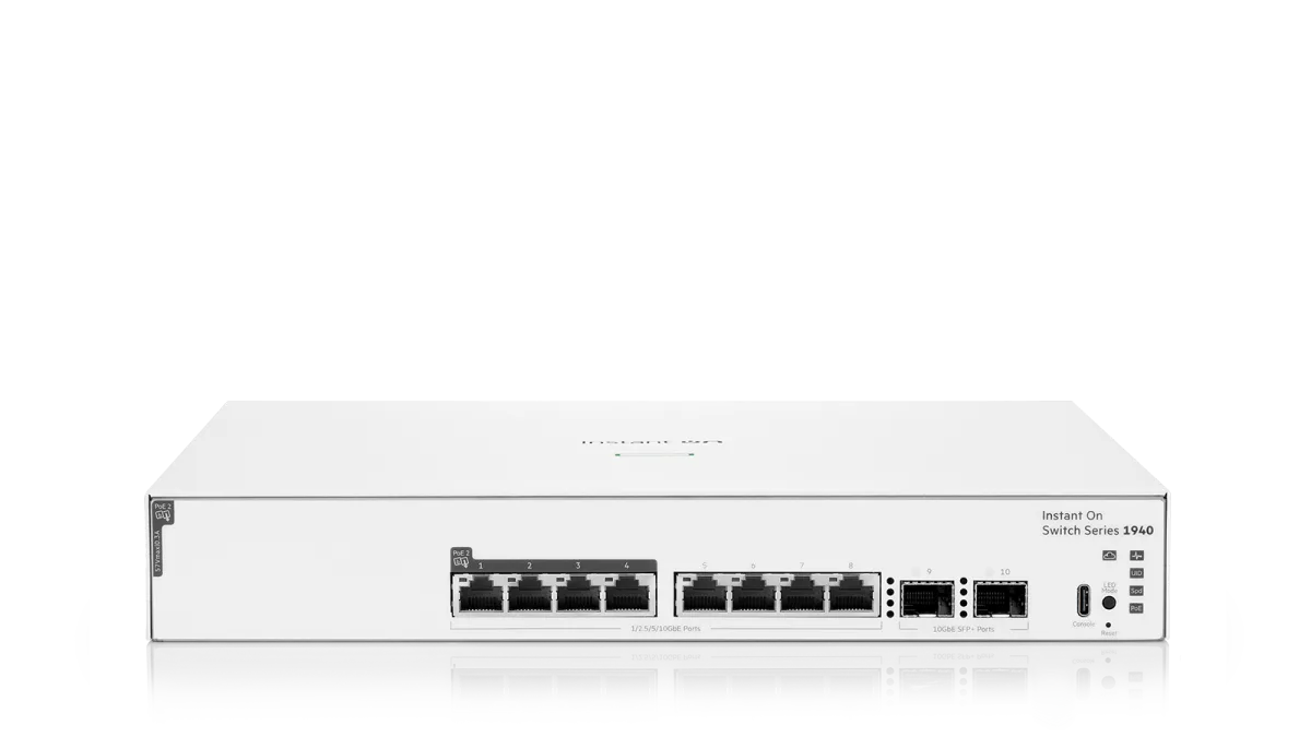 White Aruba Instant On 1940 network switch with 8 ethernet ports 4 PoE ports 2 SFP plus and usb connectivity