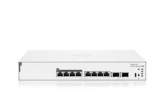 White Aruba Instant On 1940 network switch with 8 ethernet ports 4 PoE ports 2 SFP plus and usb connectivity