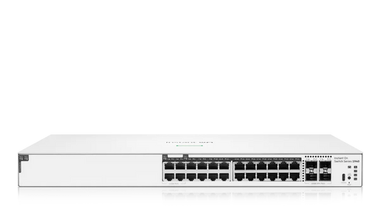 White hp instant on switch series s940 showing multiple ethernet ports and indicator lights on the back side