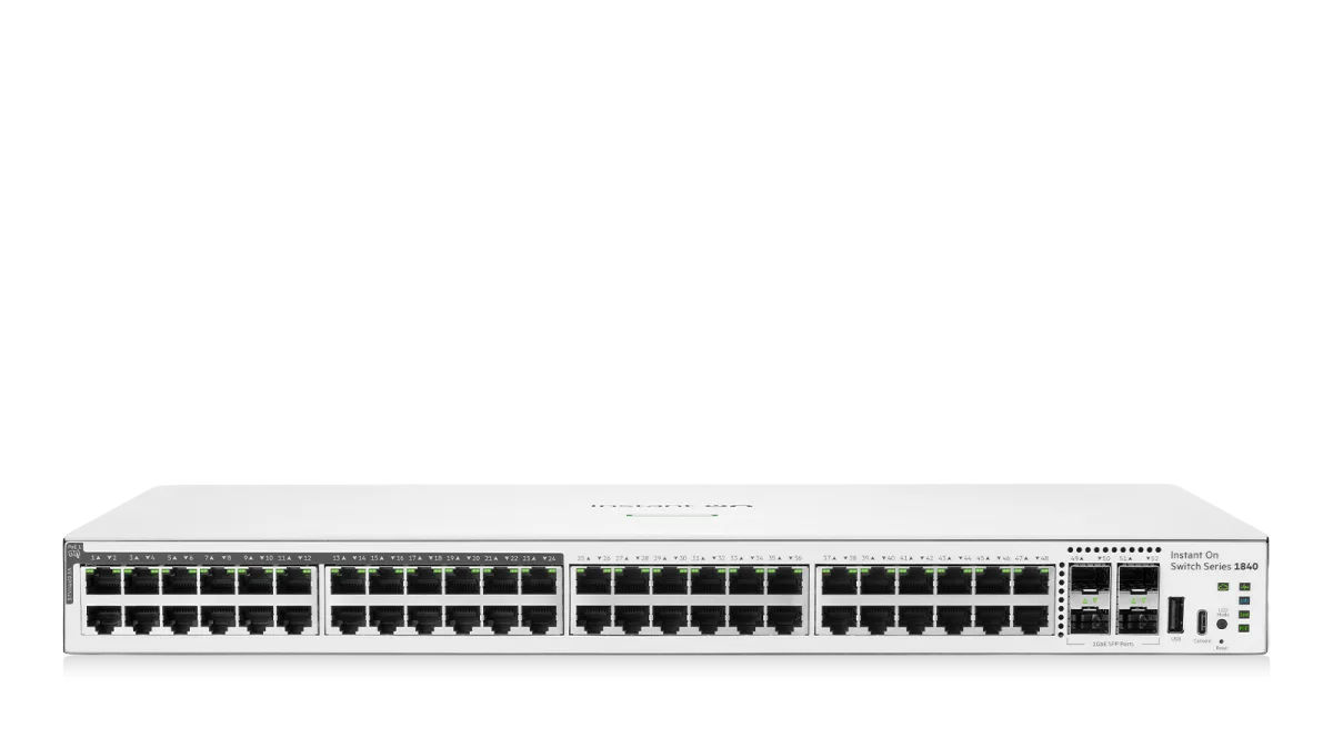 White Aruba Instant On 1840 48-port gigabit switch with 24 PoE+ ports and 4 SFP slots for enterprise networking