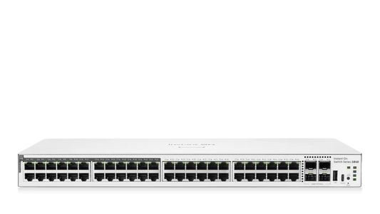 White Aruba Instant On 1840 48-port gigabit switch with 24 PoE+ ports and 4 SFP slots for enterprise networking