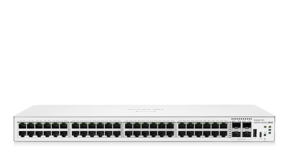 White hewlett packard enterprise Aruba Instant On S5E30A ABG 1840 48-port gigabit switch with multiple ethernet and usb ports