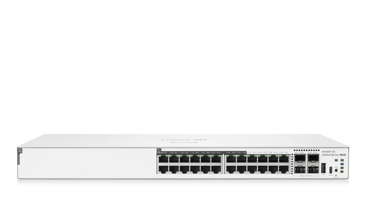 White aruba instant on 1840 24-port gigabit poe plus switch with multiple ethernet ports and usb connectivity back view