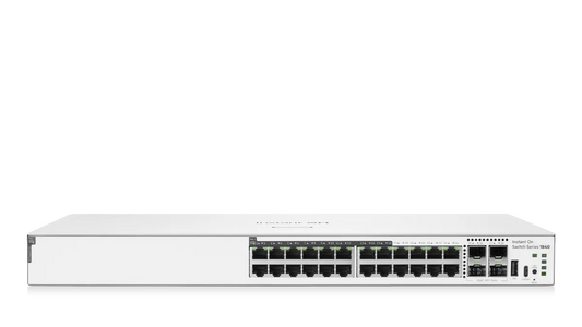 White aruba instant on 1840 24-port gigabit poe plus switch with multiple ethernet ports and usb connectivity back view