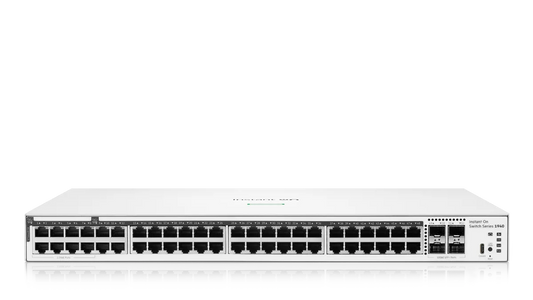 White hp instant on switch series 3940 with multiple ethernet ports and sleek minimalist design shown from the back side