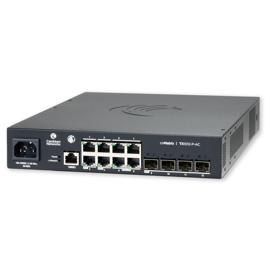 Cambium Networks MXTX1012GxPA00 | cnMatrix TX1012-P-AC Managed L2/L3 Switch, 12 x 1GbE PoE Ports, 240V