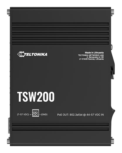 Black teltonika tsw200 poe power over ethernet injector with matte finish and front ventilation slits for industrial use