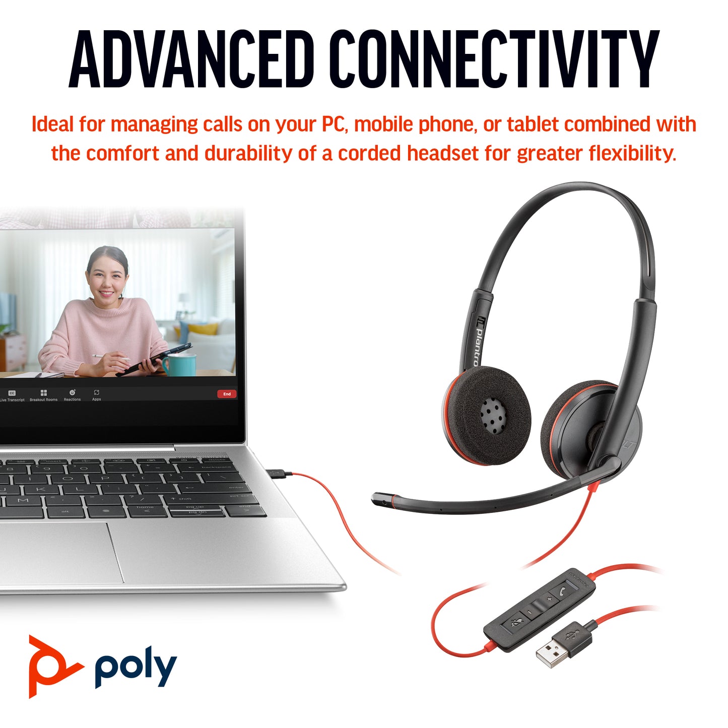 Poly 8X2J9A6 | Blackwire 3220 Stereo USB-C Headset, USB-C/A Adapter
