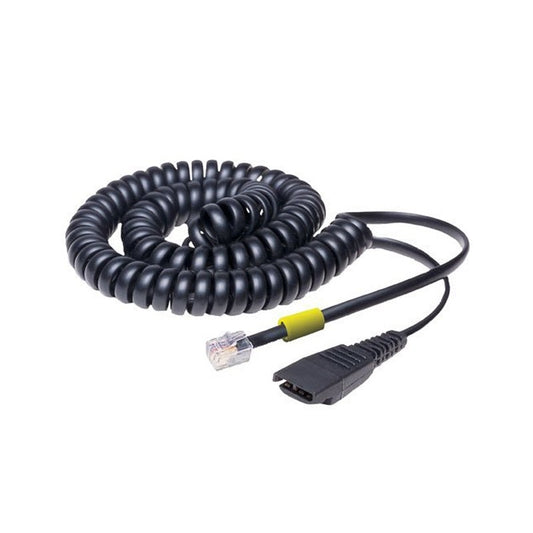 Jabra 27361101 RJ11 to QD curly cord, black coiled cable with yellow strain relief