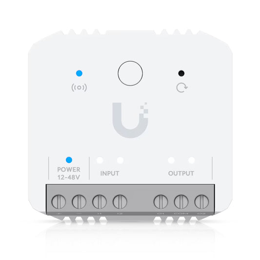 White rectangular ubiquiti usl-relay power supply unit with gray metallic terminal strip and u by ubiquiti logo visible