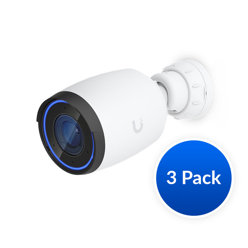 Ubiquiti NHU-UVC-AI-PRO-W-3 AI Pro 4K camera with blue-lit lens and logo