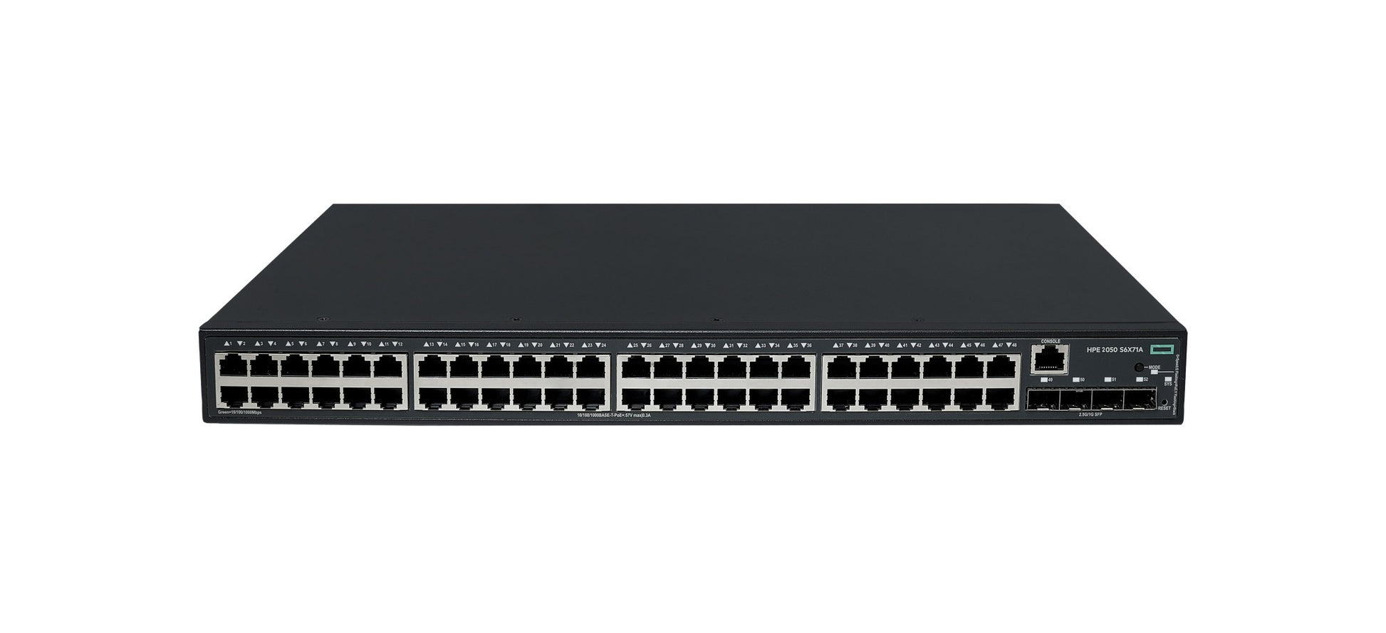 Black rectangular hpe s6x71a cw 2050 48-port gigabit poe+ switch with multiple ethernet ports and usb port on front panel