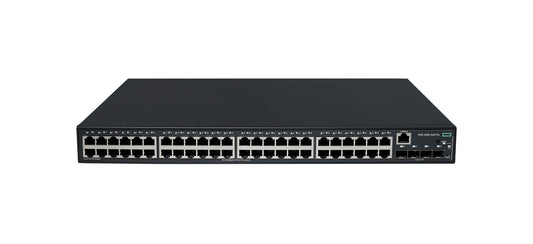 Black rectangular hpe s6x71a cw 2050 48-port gigabit poe+ switch with multiple ethernet ports and usb port on front panel