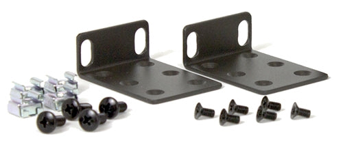 Black metal l-brackets with matching screws and silver clamps in opengear 590001 rack mount kit for cm7100 im4200 im7200
