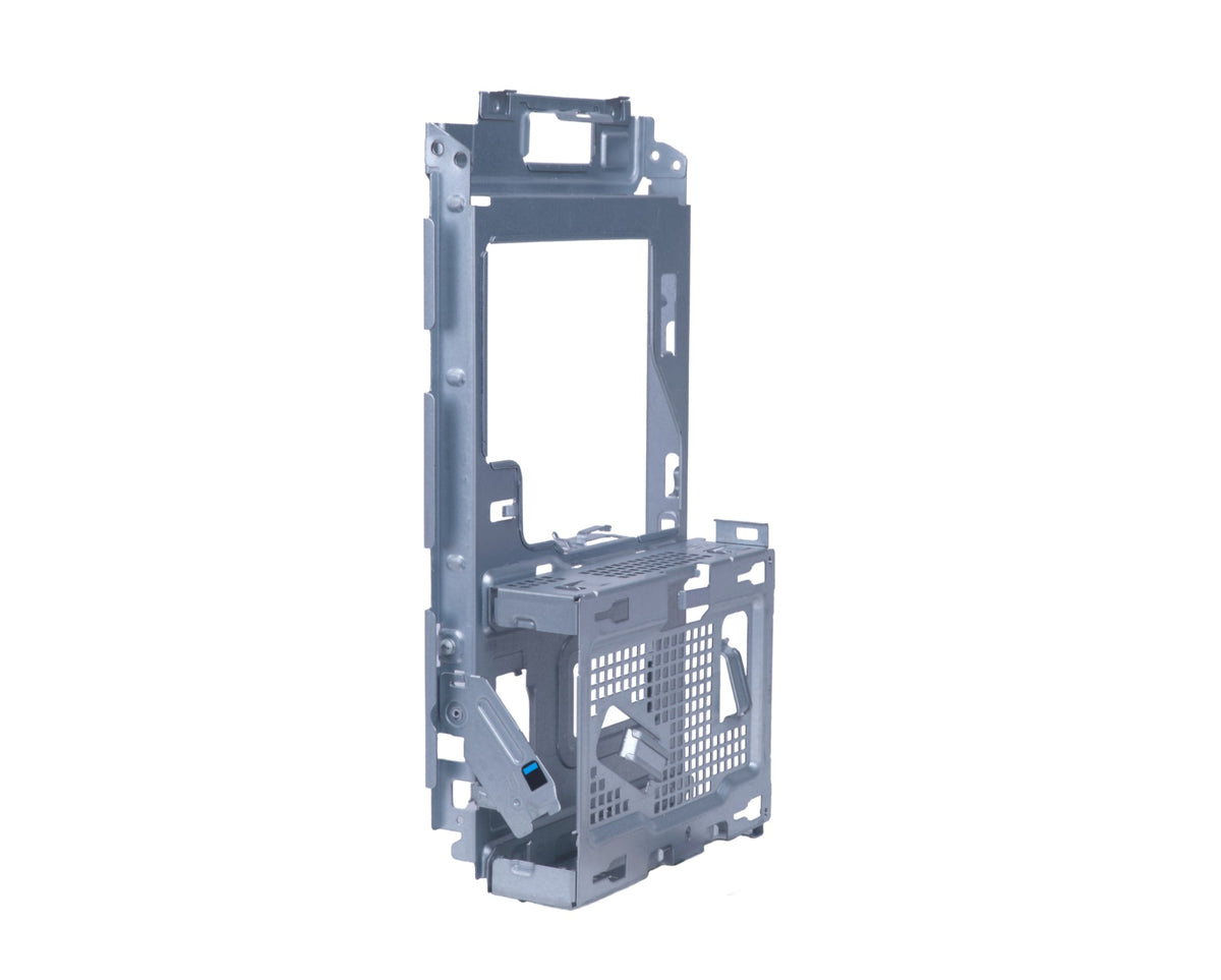 Gray metallic frame assembly with perforated sections and integrated mechanical parts in hp bj3m8aa g1i tower hdd expansion module