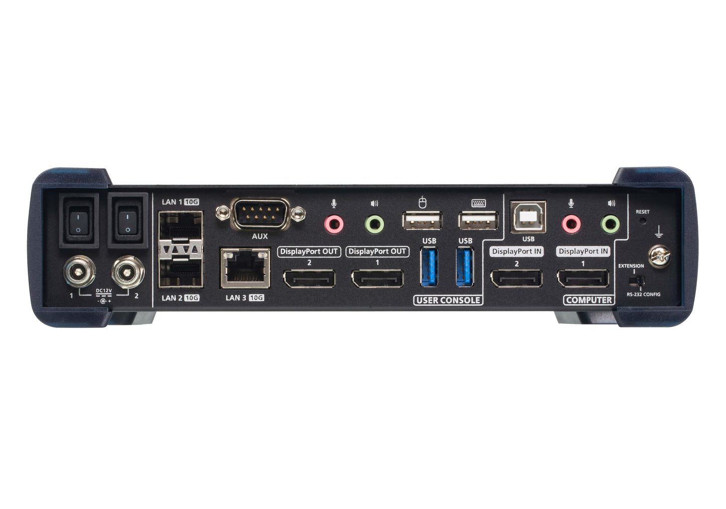 ATEN KX9980R rear: black KVM switch with USB, DisplayPort, Ethernet, audio ports