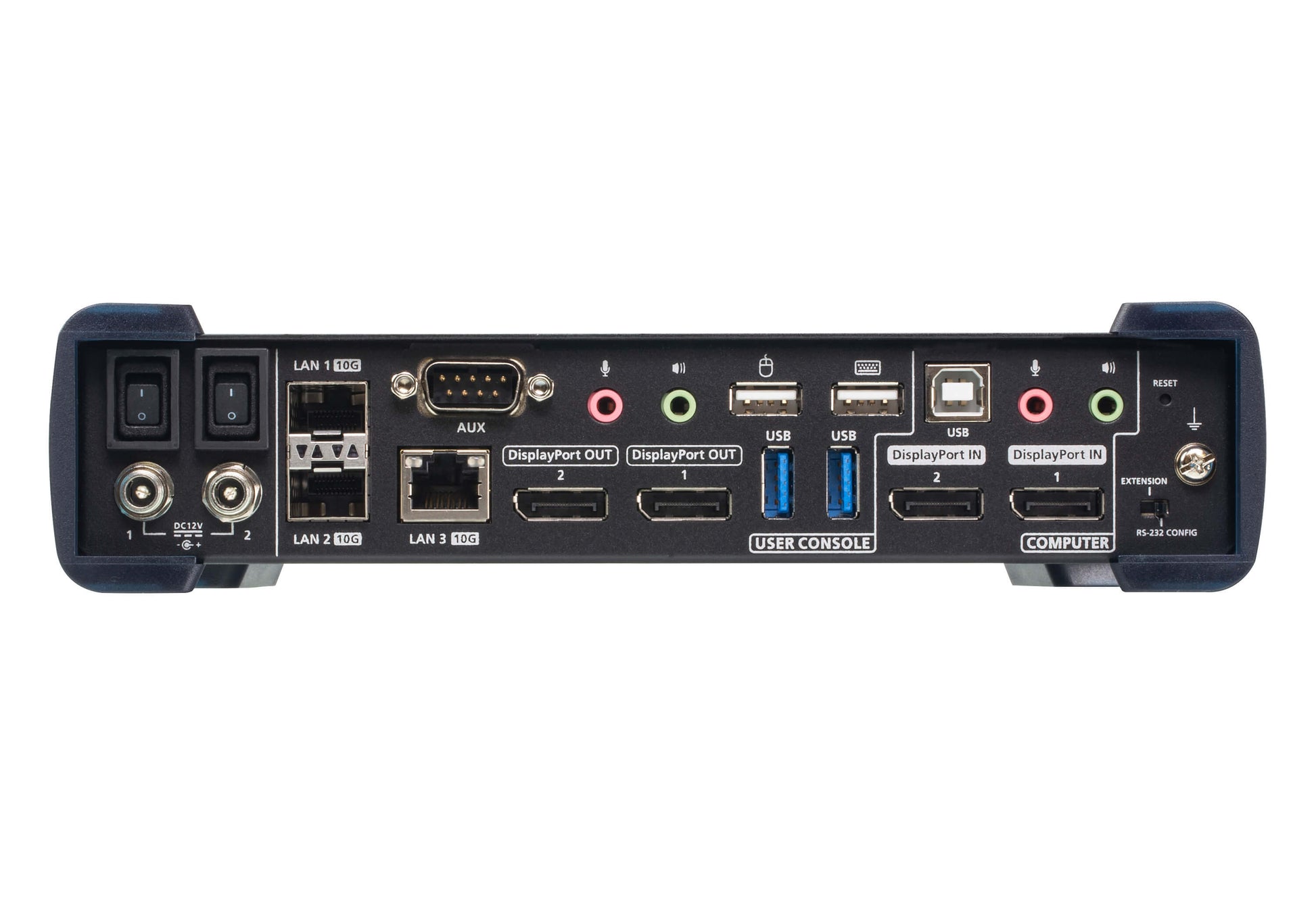 ATEN KX9980R rear: black KVM switch with USB, DisplayPort, Ethernet, audio ports
