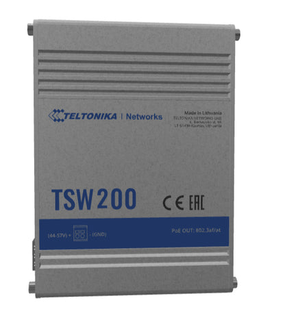 Gray Teltonika TSW200 industrial Gigabit Ethernet switch with blue label