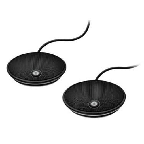 Black circular usb-powered desktop speakers with textured grille and central logo for logitech group-xmic expansion microphones