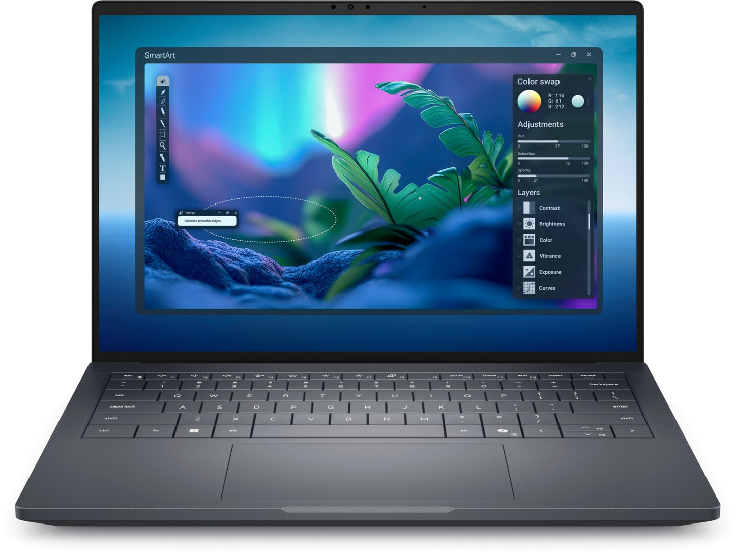 Black Dell Pro Max 14 laptop with SmartArt interface on 14-inch FHD+ screen