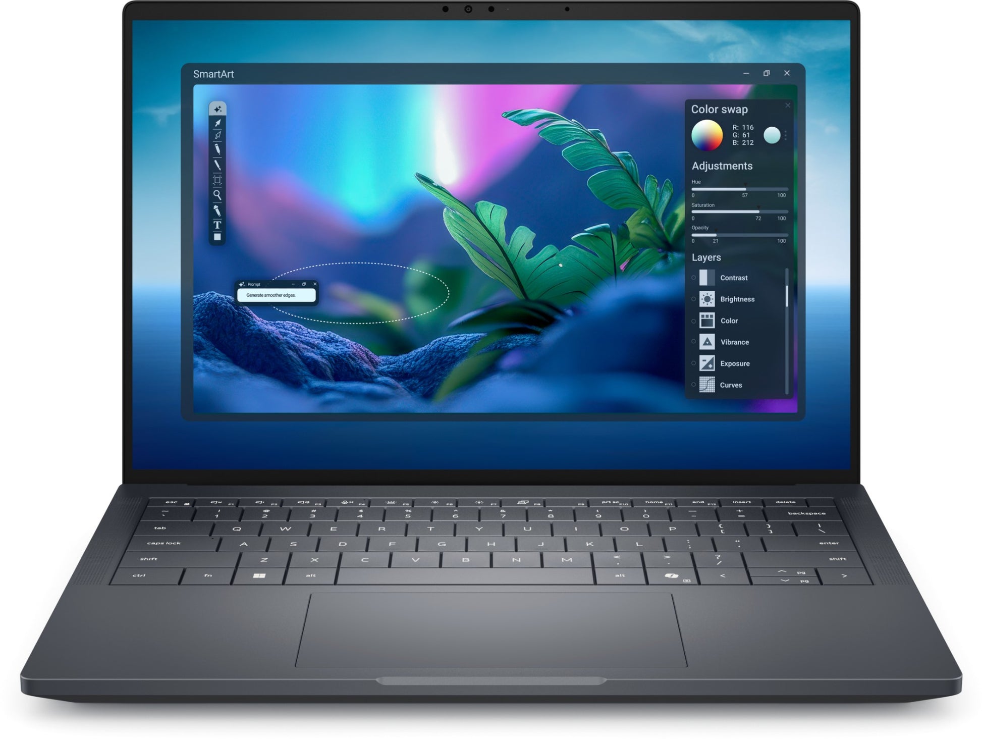 Black Dell Pro Max 14 laptop with SmartArt interface on 14-inch FHD+ screen