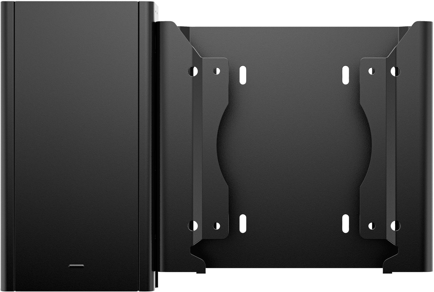 Black metal monitor wall mount with sleek minimalist design and adjustable arms shown from the back for hp 99t55aa desktop mini sleeve