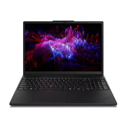 Black Lenovo ThinkPad P16s Gen 4 workstation with vibrant abstract screen