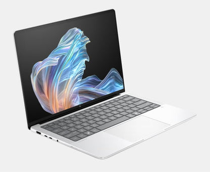 Silver hp dp3r4pt zbook 8 g1i 14in touchscreen laptop with sleek minimalist design and vibrant abstract wallpaper
