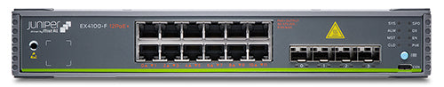 Juniper ex4100-f-12t switch with sleek black and green chassis 12 x 1gbe ports and multiple indicator lights visible
