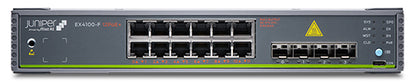 Juniper ex4100-f-12t switch with sleek black and green chassis multiple ethernet ports and indicator lights front view