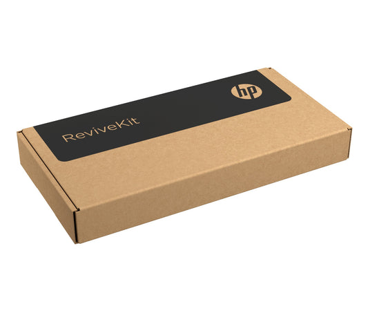 Brown cardboard box with black hp revivekit label containing hp bw7p2aa 62wh replaceable laptop battery kit