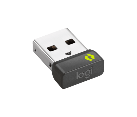 Logitech Logi Bolt USB-C receiver, sleek silver USB connector, matte black body