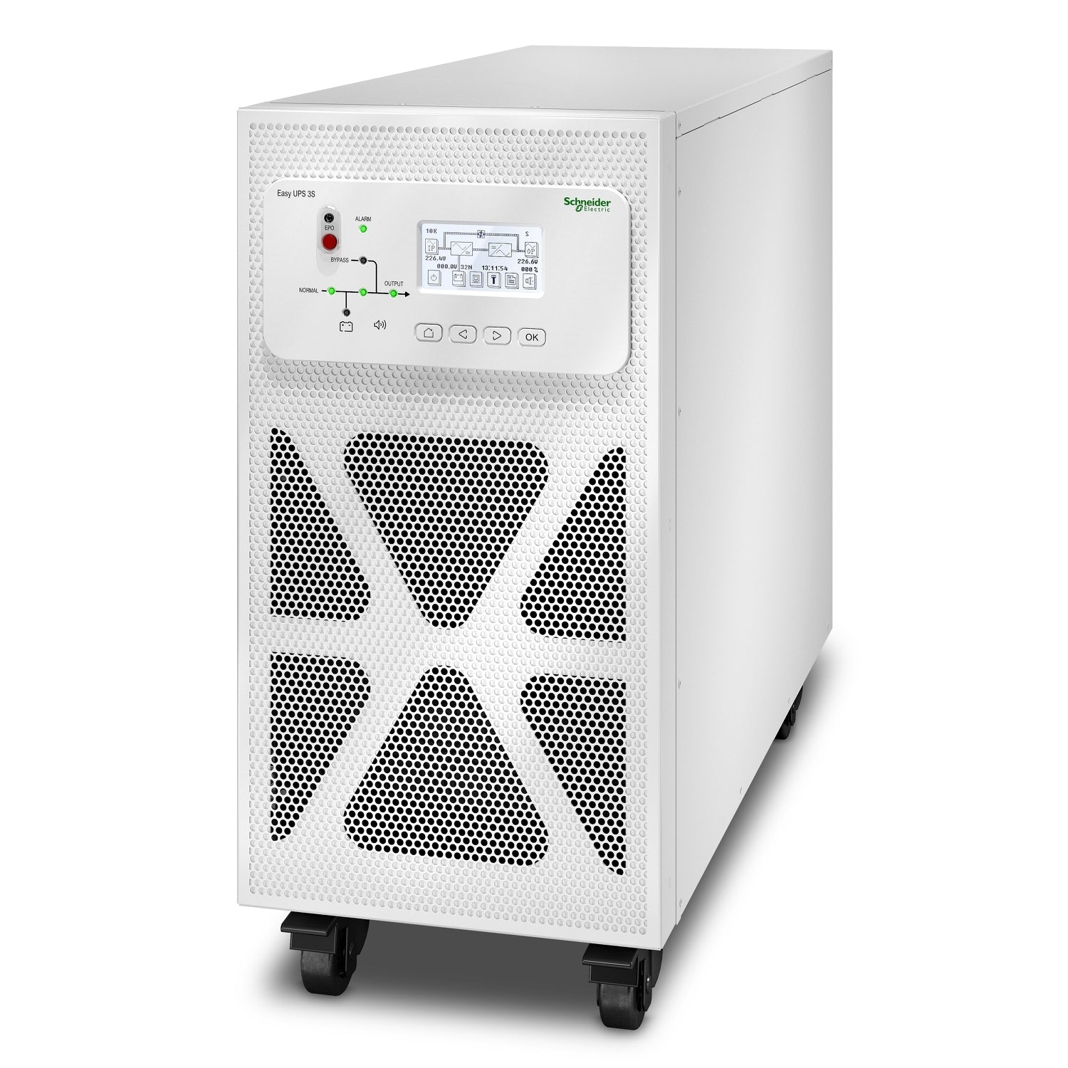 White Schneider Electric easy UPS 3S 10kVA tower UPS with perforated front panel and black caster wheels for 3-phase power