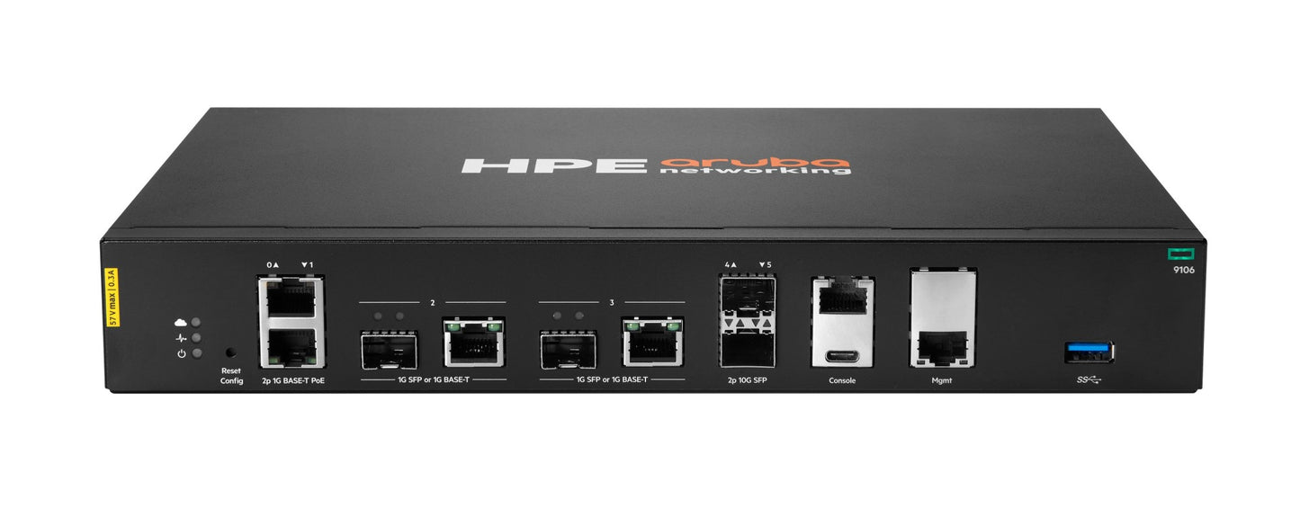 Black hpe aruba s5h01a 9106 hybrid gateway rear panel with multiple ethernet ports usb and hybrid connectivity options