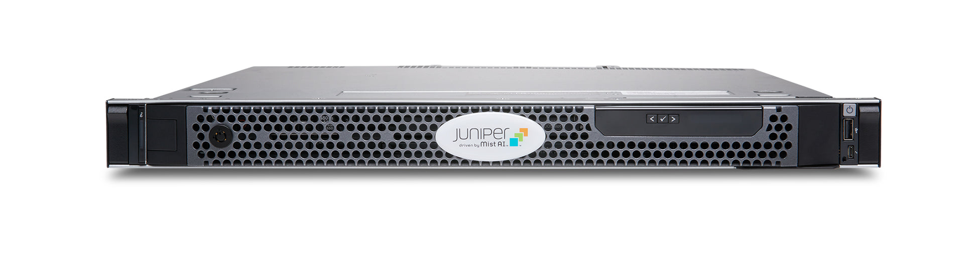 Black metal juniper me-x2-m mist edge appliance server rack with perforated front panel and juniper networks logo