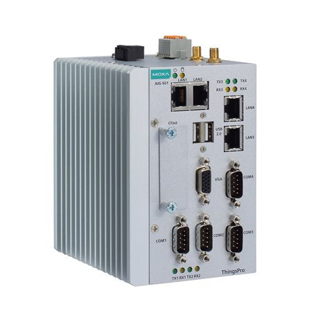 Moxa AIG-501-T-AP-AZU-LX Advanced Iiot Gateway With Intel Atom Quad-Core 1.91 Ghz Processor, 1 Vga Port, 4 Dis, 4 Dos, Asia Pacific Lte Band, Thingspro Edge And Azure Iot Edge Software, -40 To 70°C Operating Temperature